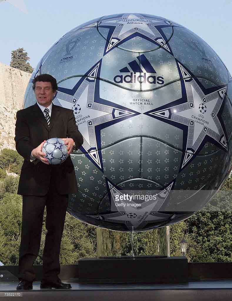ATHENS, GREECE - MARCH 8: Otto Rehhagel, the Greek national coach unveils a huge replica of the Adidas match ball for the UEFA Champions league final 2007 in Athens in front Acropolis archaeological site on the on March 8, 2007 in Athens, Greece. (Photo by Getty Images for Adidas) *** Local Caption *** Otto Rehhagel